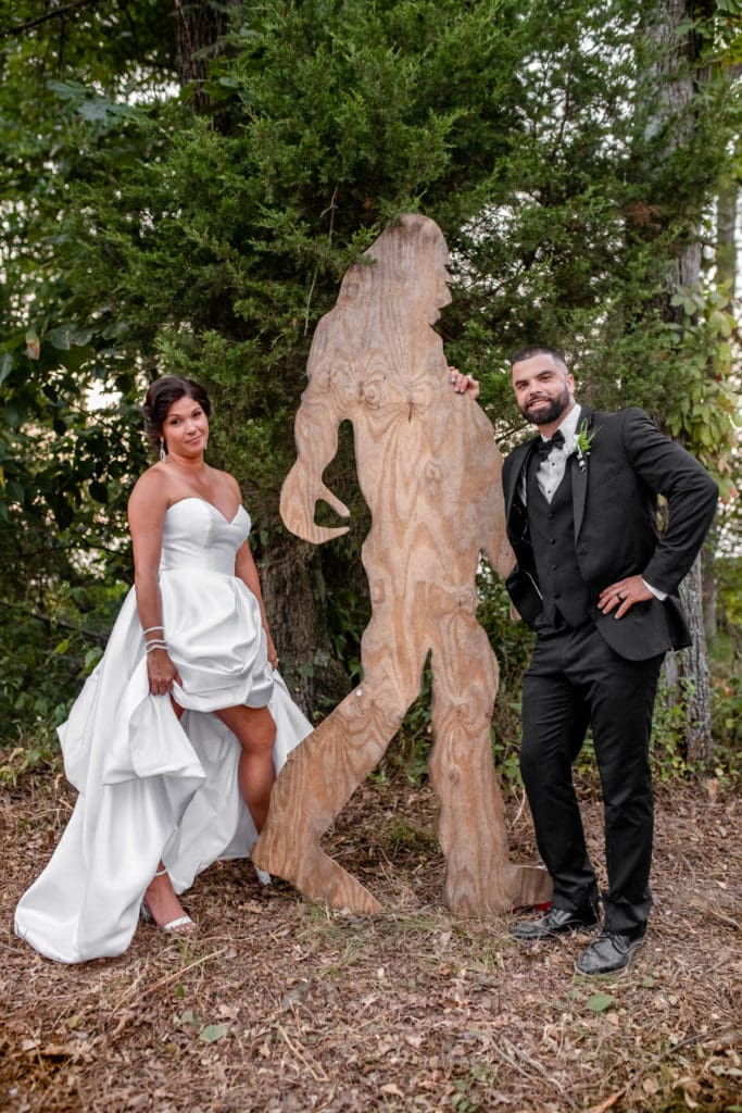 funny groom and bride, big foot wedding guest